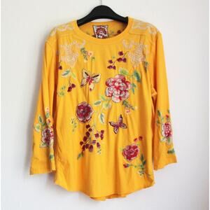 JOHNNY WAS Embroidery Long Sleeve Cotton Tee, Size XL, Boho Chic, NEW